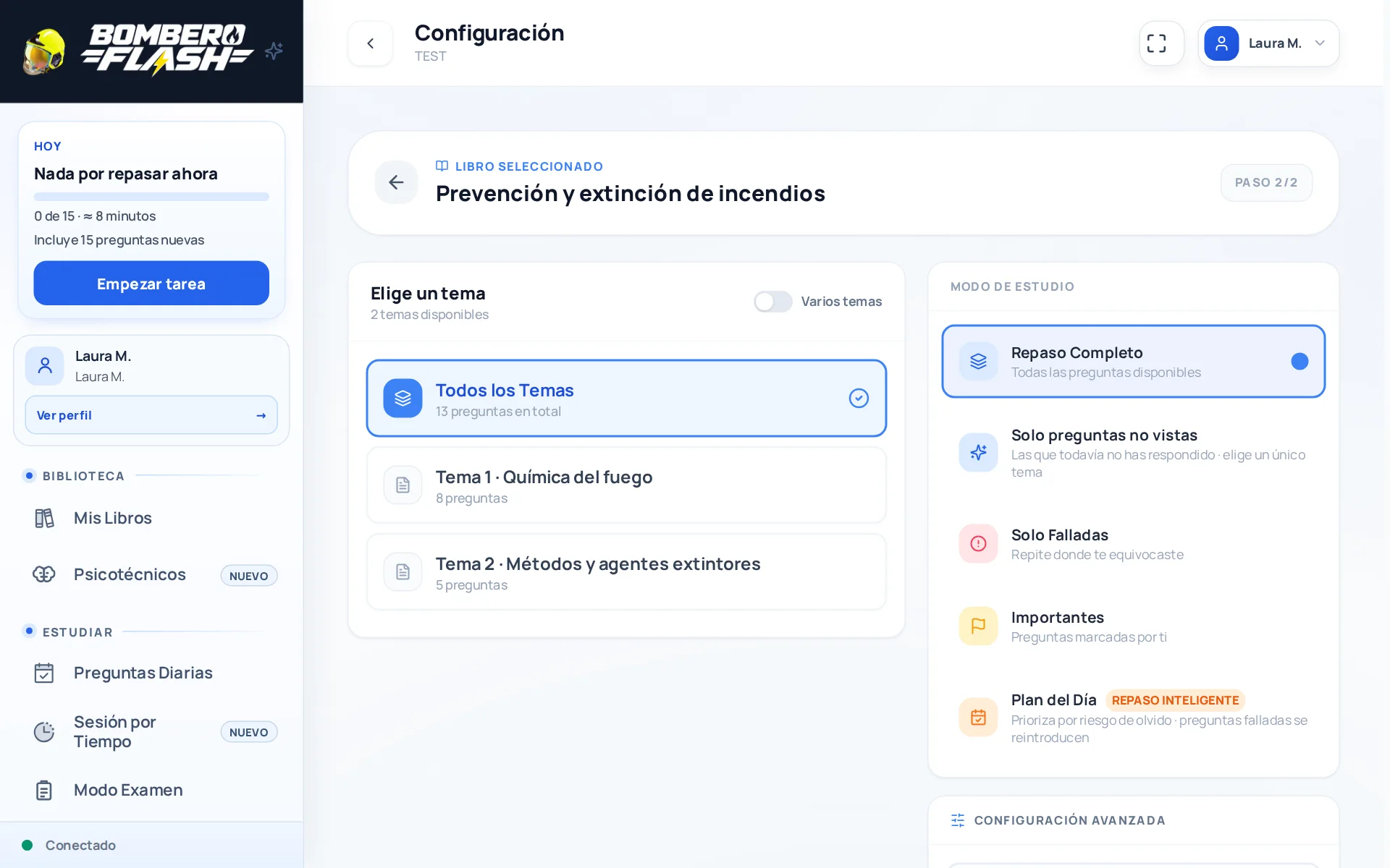 Pantalla de configuración del test: libro «Prevención y extinción de incendios», temas Química del fuego y Métodos y agentes extintores, y los modos de estudio.
