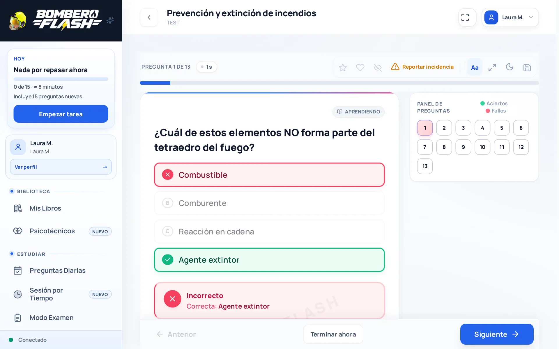 Pregunta del test sobre el tetraedro del fuego respondida mal: marca la opción elegida en rojo, la correcta en verde y el aviso «Incorrecto».