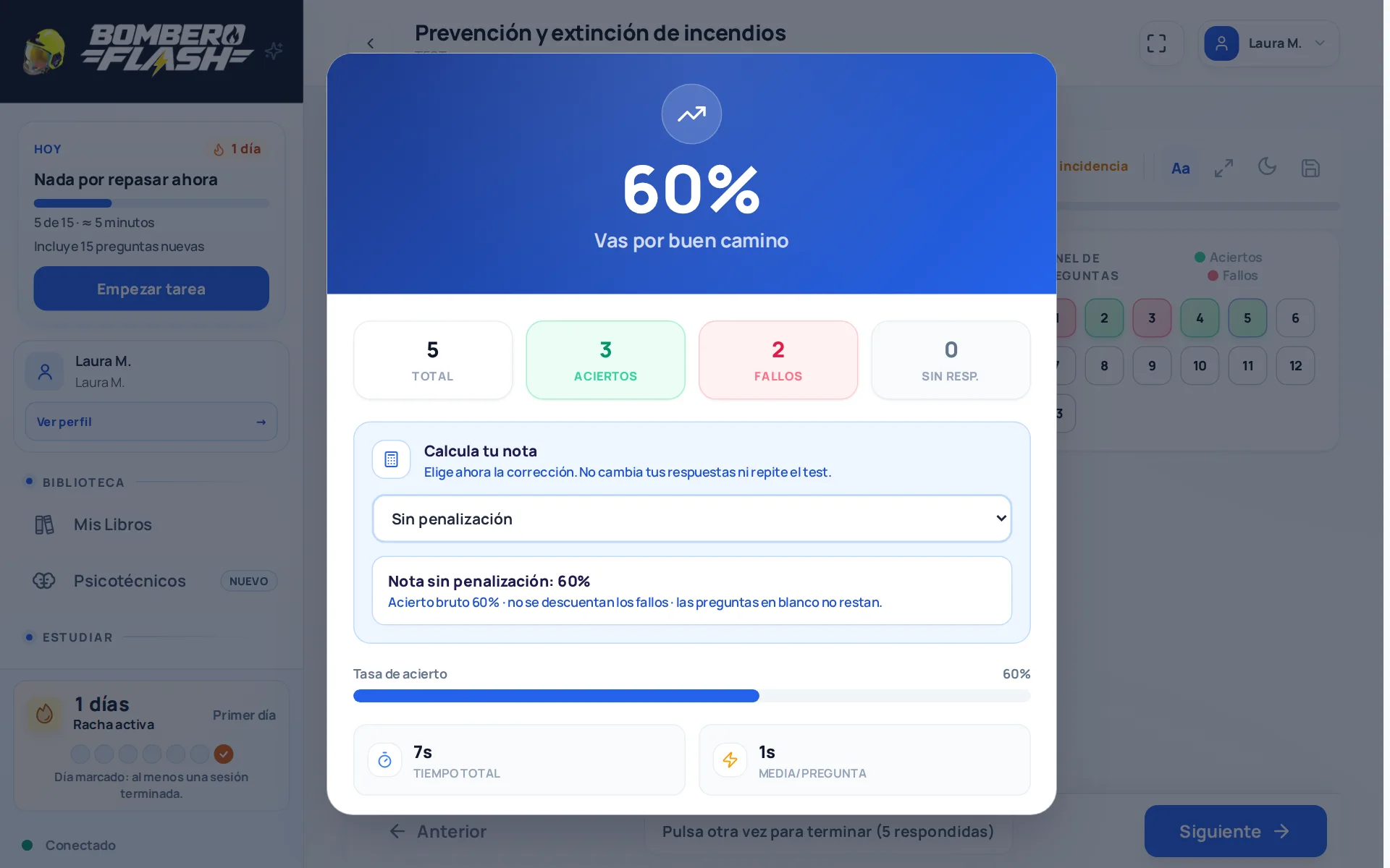 Resultado del test: 60 % de acierto, 3 aciertos, 2 fallos, 0 sin responder y la calculadora de nota con penalización.